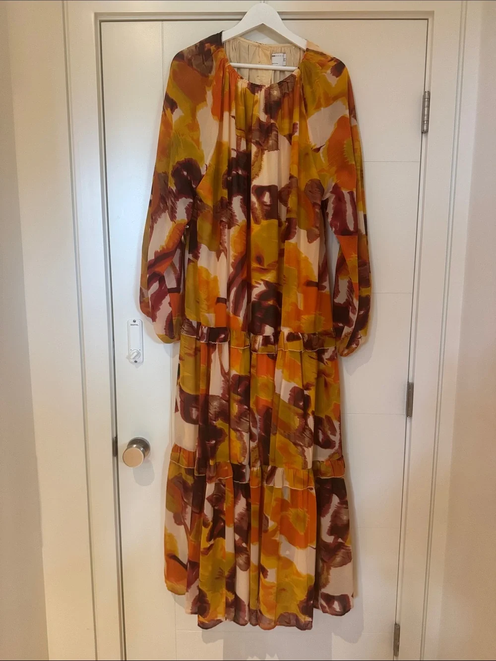 ASOS Mustard, Rust & Cream Abstract Tiered Maxi Dress